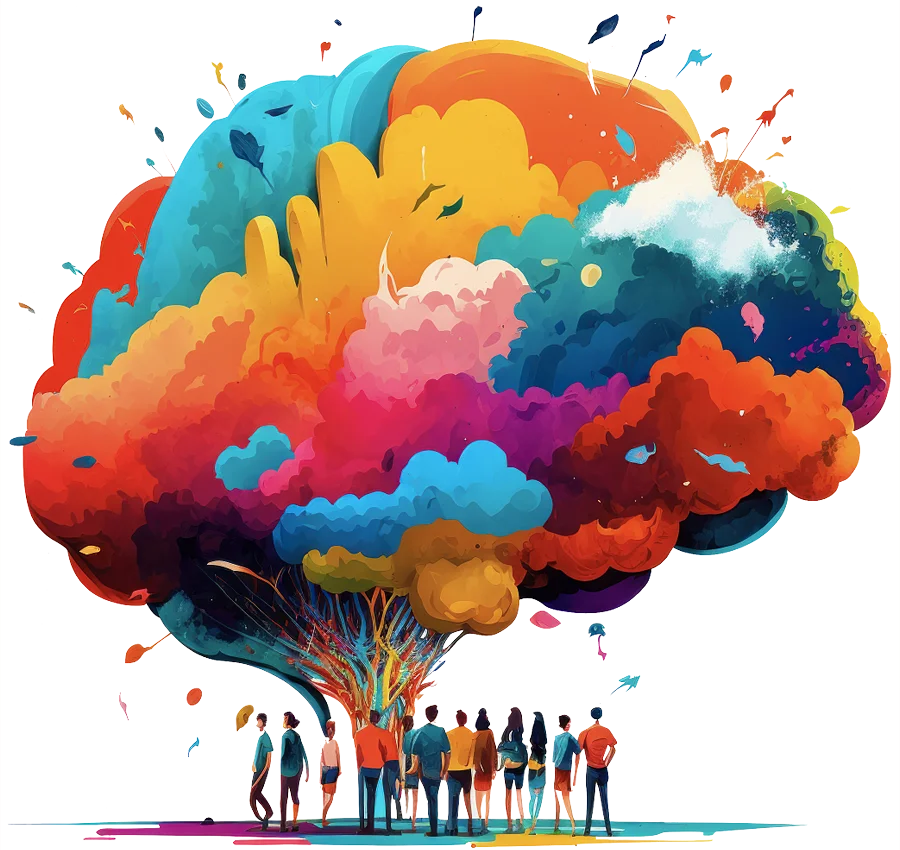 DigitalAmplification_AmplifyResults_03_900x850 a graphic illustration of Digital Amplification’s team working on a creative solution that explodes into a multicolored brain.